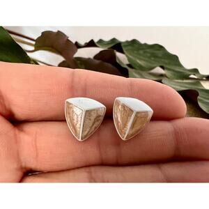 Vintage Beige & White Enamel Stud Earrings,Triangle, Jewelry, Retro 80s